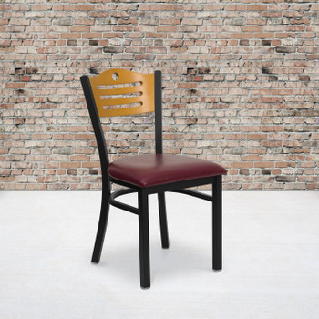 Flash Furniture HERCULES Series Black Slat Back Metal Restaurant Chair Natural Wood Back, Burgundy Vinyl Seat, Model# XU-DG-6G7B-SLAT-BURV-GG