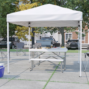 Flash Furniture Kramer 8'x8' White Pop Up Event Canopy Tent w/ Carry Bag & Folding Bench Set Portable Tailgate, Camping, Event Set, Model# JJ-GZ88103-WH-GG