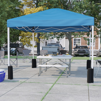 Flash Furniture Harris 10'x10'BluePopUpEventCanopyTentwithWheeledCaseandFoldingBenchSet-PortableTailgate,Camping,EventSet, Model# JJ-GZ10PKG103-BL-GG