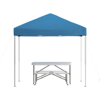 Flash Furniture Kramer 8'x8' Blue Pop Up Event Canopy Tent w/ Carry Bag & Folding Bench Set Portable Tailgate, Camping, Event Set, Model# JJ-GZ88103-BL-GG