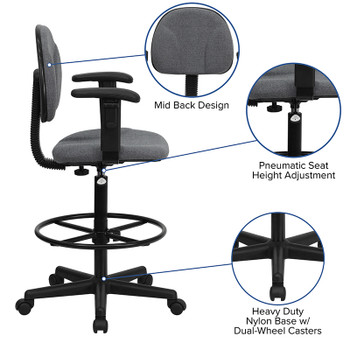 Flash Furniture Gray Fabric Ergonomic Drafting Stool with Arms (Adjustable Range 26''-30.5''H or 22.5''-27''H) Model BT-659-GRY-ARMS-GG 2