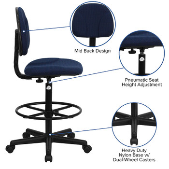 Flash Furniture Navy Blue Patterned Fabric Ergonomic Drafting Stool (Adjustable Range 26''-30.5''H or 22.5''-27''H) Model BT-659-NVY-GG 2