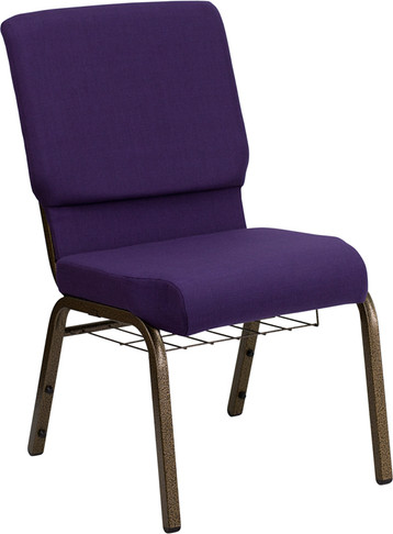 Flash Furniture HERCULES Series 18.5'' Wide Royal Purple Fabric Church Chair with 4.25'' Thick Seat, Communion Cup Book Rack - Gold Vein Frame Model FD-CH02185-GV-ROY-BAS-GG