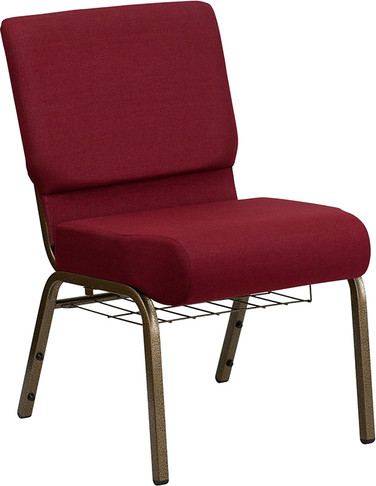 Flash Furniture HERCULES Series 21'' Extra Wide Burgundy Fabric Church Chair with 4'' Thick Seat, Communion Cup Book Rack - Gold Vein Frame Model FD-CH0221-4-GV-3169-BAS-GG