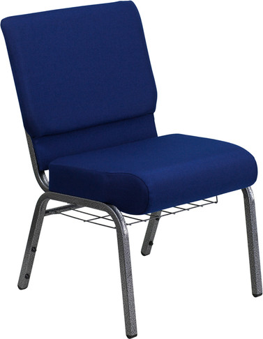 Flash Furniture HERCULES Series 21'' Extra Wide Navy Blue Fabric Church Chair with 4'' Thick Seat, Communion Cup Book Rack - Silver Vein Frame Model FD-CH0221-4-SV-NB24-BAS-GG