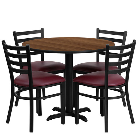 Flash Furniture 36'' Round Walnut Laminate Table Set with 4 Ladder Back Metal Chairs - Burgundy Vinyl Seat, Model HDBF1008-GG