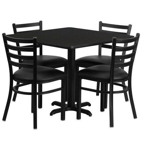 Flash Furniture 36'' Square Black Laminate Table Set with 4 Ladder Back Metal Chairs - Black Vinyl Seat, Model HDBF1013-GG