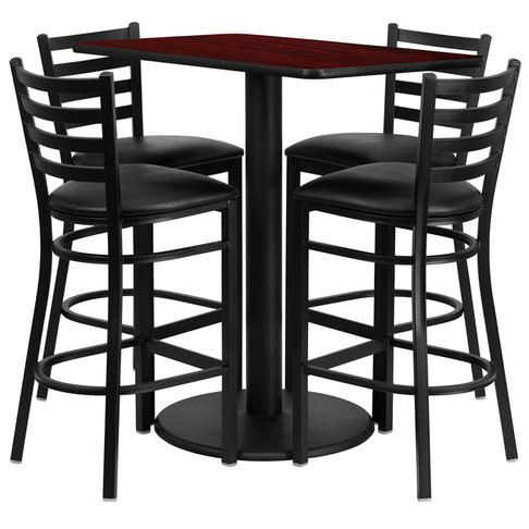 Flash Furniture 24'' x 42'' Rectangular Natural Laminate Table Set with 4 Ladder Back Metal Bar Stools - Black Vinyl Seat Model RSRB1018-GG