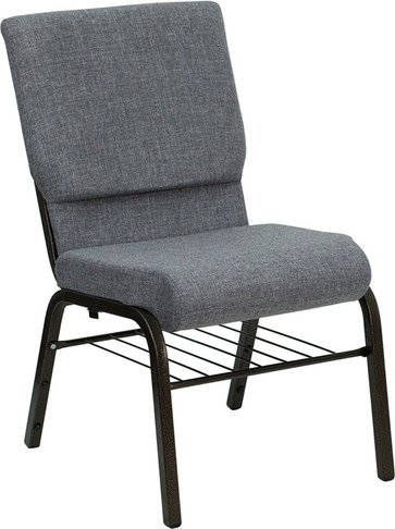 Flash Furniture HERCULES Series 18.5'' W Gray Fabric Church Chair with 4.25'' Thick Seat, Book Rack - Gold Vein Frame Model XU-CH-60096-BEIJING-GY-BAS-GG