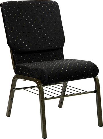 Flash Furniture HERCULES Series 18.5''W Black Dot Patterned Fabric Church Chair with 4.25'' Thick Seat, Book Rack - Gold Vein Frame Model XU-CH-60096-BK-BAS-GG