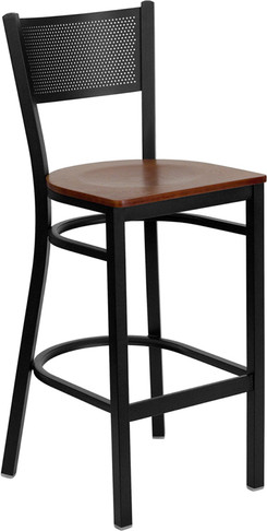Flash Furniture HERCULES Series Black Grid Back Metal Restaurant Bar Stool - Mahogany Wood Seat Model XU-DG-60116-GRD-BAR-CHYW-GG