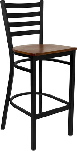Flash Furniture HERCULES Series Black Ladder Back Metal Restaurant Bar Stool - Mahogany Wood Seat, Model XU-DG697BLAD-BAR-CHYW-GG
