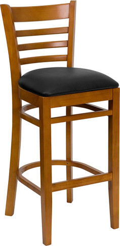 Flash Furniture HERCULES Series Cherry Finished Ladder Back Wooden Restaurant Bar Stool - Burgundy Vinyl Seat Model XU-DGW0005BARLAD-CHY-BLKV-GG