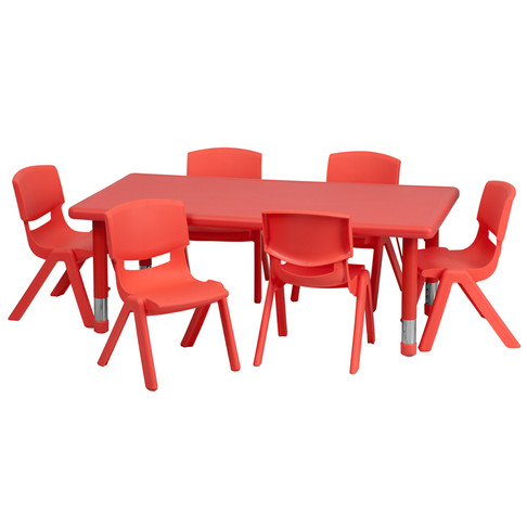 Flash Furniture 35''W x 65''L Adjustable Half-Moon Red Plastic Activity Table Set with 4 School Stack Chairs Model YU-YCX-0013-2-RECT-TBL-RED-E-GG