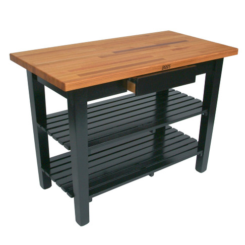 John Boos 36"x25" Oak Classic Country Work Table w/ Black Finish & 2 Shelves & Drawer (USA Made), Model# OC3625-D-2S-BK