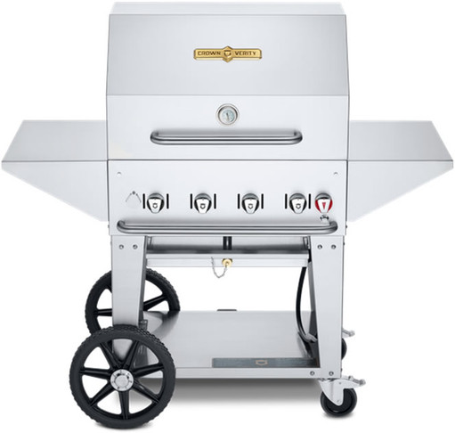 Crown Verity 30" Mobile Grill Pro w/ Roll Dome (2) End Shelves Bun Rack & Cover NG, Model# CV-MCB-30PRO-NG