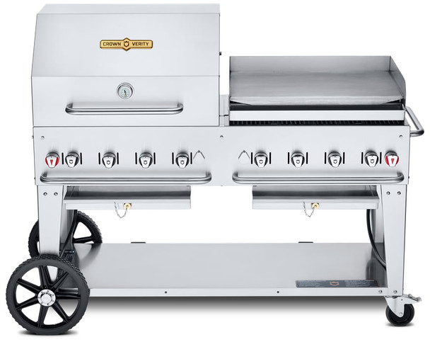 Crown Verity 60" Mobile Grill Dome & Griddle (50 / 100 Tanks) w/ 30" Roll Dome Bun Rack & 30" Griddle LP, Model# CV-MCB-60-SI50/100-RGP