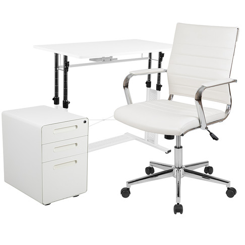 Flash Furniture White Desk, Chair, Cabinet Set, Model# BLN-NAN219AP595M-WH-GG