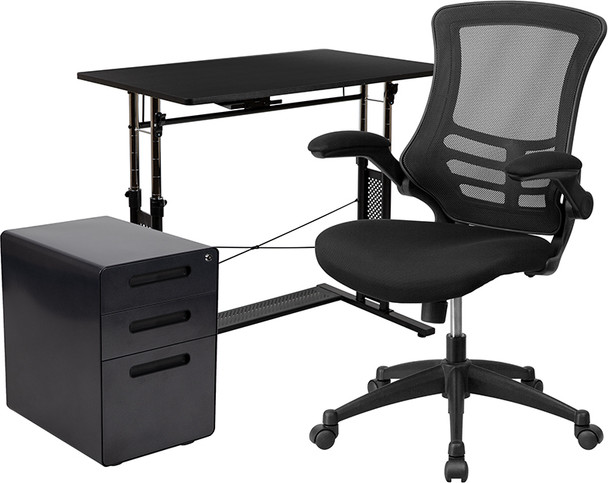 Flash Furniture Black Desk, Chair, Cabinet Set, Model# BLN-NAN21APX5L-BK-GG
