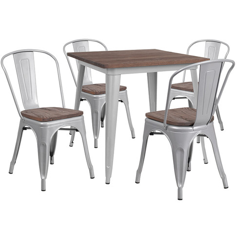 Flash Furniture 31.5SQ Silver Metal Table Set, Model# CH-WD-TBCH-4-GG