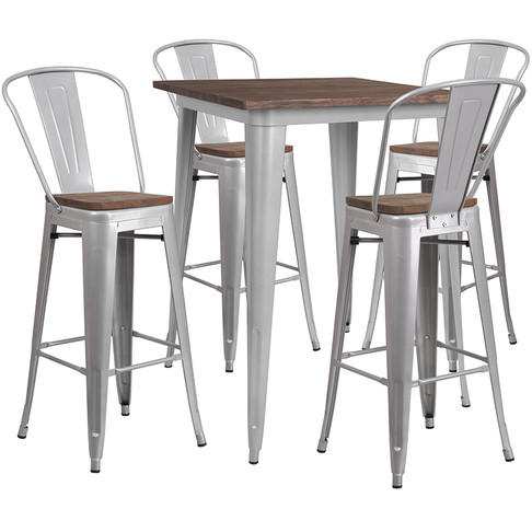 Flash Furniture 31.5SQ Silver Metal Bar Set, Model# CH-WD-TBCH-5-GG