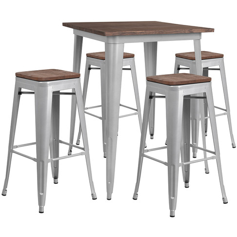 Flash Furniture 31.5SQ Silver Metal Bar Set, Model# CH-WD-TBCH-6-GG