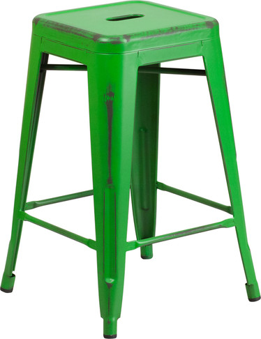 Flash Furniture Distressed Green Metal Stool, Model# ET-BT3503-24-GN-GG