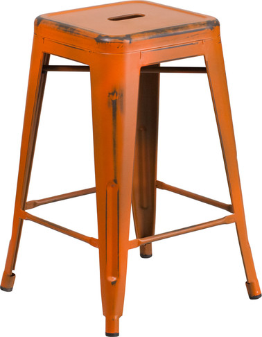 Flash Furniture Distressed Orange Metal Stool, Model# ET-BT3503-24-OR-GG