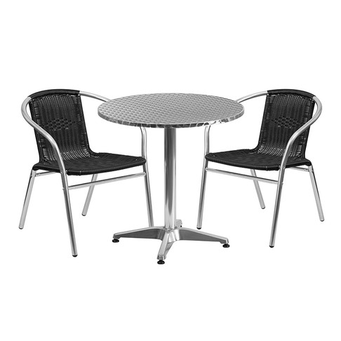 Flash Furniture 27.5RD Aluminum Table/2 Chairs, Model# TLH-ALUM-28RD-020BKCHR2-GG