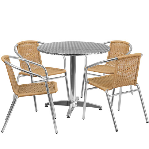 Flash Furniture 31.5RD Aluminum Table/4 Chairs, Model# TLH-ALUM-32RD-020BGECHR4-GG