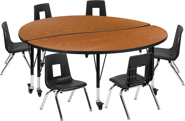 Flash Furniture 60" Circle Wave Oak Table Set, Model# XU-GRP-14CH-A60-HCIRC-OAK-T-P-CAS-GG