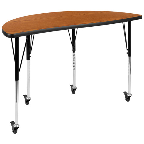 Flash Furniture Wren Mobile 47.5" Half Circle Wave Flexible Collaborative Oak Laminate Activity Table Standard Height Adjustable Legs, Model# XU-A48-HCIRC-OAK-T-A-CAS-GG
