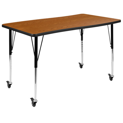 Flash Furniture Wren Mobile 28"W x 47.5"L Rectangle Wave Flexible Collaborative Oak Laminate Activity Table-Standard Height Adjust Legs, Model# XU-A3048-CON-OAK-T-A-CAS-GG