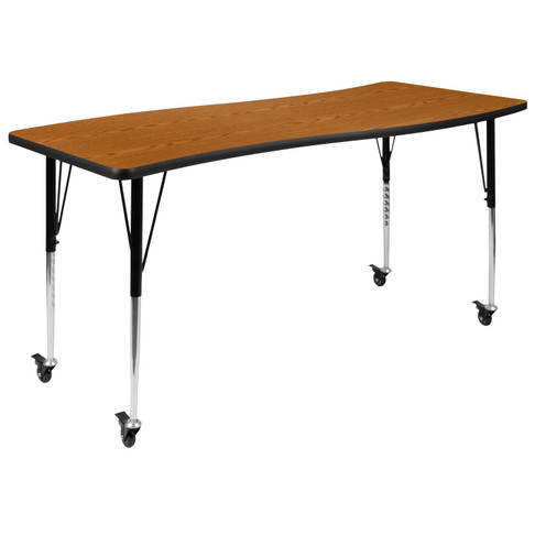 Flash Furniture Wren Mobile 26"W x 60"L Rectangle Wave Flexible Collaborative Oak Laminate Activity Table Standard Height Adjust Legs, Model# XU-A3060-CON-OAK-T-A-CAS-GG