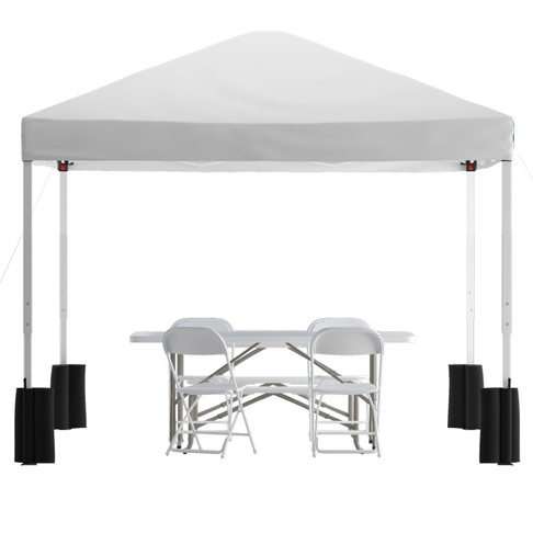 Flash Furniture Otis Portable Tailgate/Event Tent Set-10'x10' Wheeled White Pop Up Canopy Tent, 6-Foot Bi-Fold Table, 4 White Folding Chairs, Model# JJ-GZ10PKG183Z-4LEL3-WHWH-GG