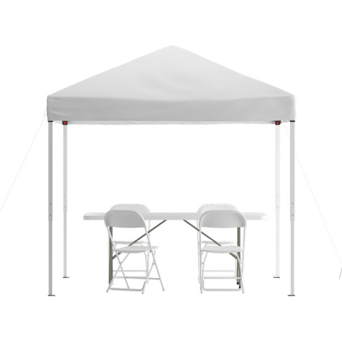 Flash Furniture Otis Portable Tailgate/Event Tent Set 8'x8' White Pop Up Canopy Tent, 6-Foot Bi-Fold Table, Set of 4 White Folding Chairs, Model# JJ-GZ88183Z-4LEL3-WHWH-GG