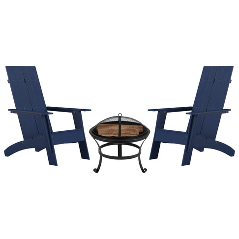 Flash Furniture Sawyer Set of 2 Navy Modern Sawyer Commercial All-Weather 2-Slat Poly Resin Adirondack Chairs w/ 22" Round Wood Burning Fire Pit, Model# JJ-C145092-202-NV-GG