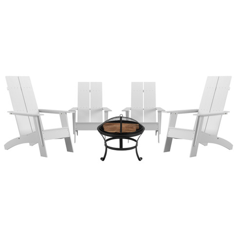 Flash Furniture Sawyer Set of 4 White Modern Sawyer Commercial All-Weather 2-Slat Poly Resin Adirondack Chairs w/ 22" Round Wood Burning Fire Pit, Model# JJ-C145094-202-WH-GG