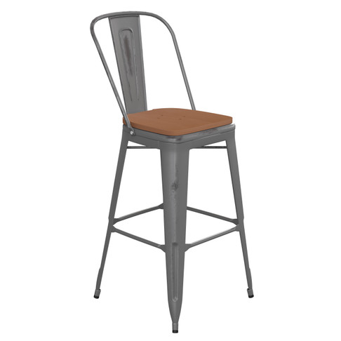 Flash Furniture Lincoln 30'' High Clear Coated Indoor Barstool w/ Back & Teak Poly Resin Wood Seat, Model# XU-DG-TP001B-30-PL1T-GG