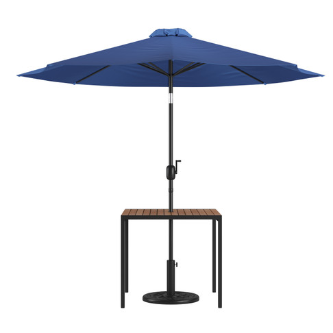 Flash Furniture Lark 3 Piece Outdoor Patio Table Set 35" Square Synthetic Teak Patio Table w/ Navy Umbrella & Base, Model# XU-DG-UH8100-UB19BNV-GG