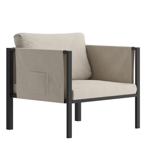 Flash Furniture Lea Indoor/Outdoor Patio Chair w/ Cushions Modern Steel Framed Chair w/ Storage Pockets, Black w/ Beige Cushions, Model# GM-201108-1S-GY-GG