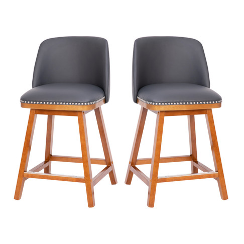 Flash Furniture Julia Set of 2 Transitional 24 Inch LeatherSoft Upholstered Counter Stools w/ Silver Nailhead Trim & Walnut Finish Solid Wood Frames, Gray, Model# CH-192162X000PU-24-GY-GG