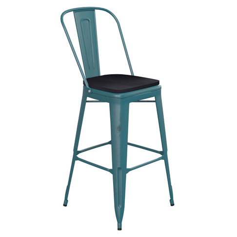 Flash Furniture Carly Commercial Grade 30" High Kelly Blue-Teal Metal Indoor-Outdoor Barstool w/ Back w/ Black Poly Resin Wood Seat, Model# ET-3534-30-KB-PL1B-GG