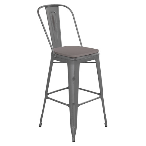 Flash Furniture Carly Commercial Grade 30" High Silver Gray Metal Indoor-Outdoor Barstool w/ Back w/ Gray Poly Resin Wood Seat, Model# ET-3534-30-SIL-PL1G-GG