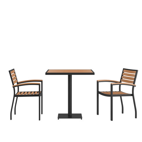 Flash Furniture Lark Indoor/Outdoor 3 Piece Patio Dining Table Set 30" Square Faux Teak Table & 2 Stacking Club Chairs w/ Teak Accented Arms, Model# XU-DG-104560062-GG