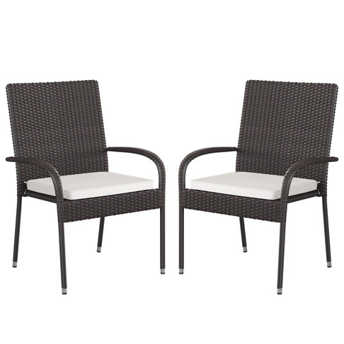 Flash Furniture Maxim Set of 2 Stackable Indoor/Outdoor Espresso Wicker Dining Chairs w/ Cream Seat Cushions Fade & Weather-Resistant Materials, Model# 2-TW-3WBE073-CU01CR-ESP-GG