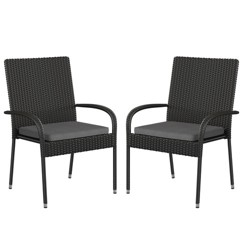 Flash Furniture Maxim Set of 2 Stackable Indoor/Outdoor Black Wicker Dining Chairs w/ Gray Seat Cushions Fade & Weather-Resistant Materials, Model# 2-TW-3WBE073-CU01GY-BK-GG