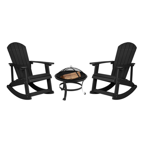 Flash Furniture Savannah Set of 2 Black Commercial Grade All-Weather Poly Resin Wood Adirondack Rocking Chairs w/ 22" Round Wood Burning Fire Pit, Model# JJ-C147052-202-BK-GG