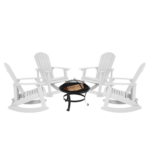 Flash Furniture Savannah Set of 4 White Commercial Grade All-Weather Poly Resin Wood Adirondack Rocking Chairs w/ 22" Round Wood Burning Fire Pit, Model# JJ-C147054-202-WH-GG