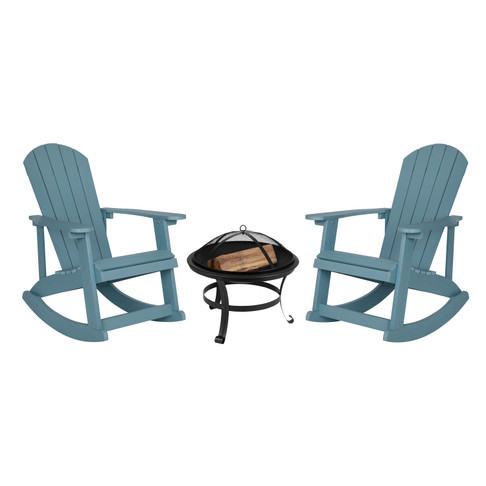 Flash Furniture Savannah Set of 2 Sea Foam Commercial Grade All-Weather Poly Resin Wood Adirondack Rocking Chairs w/ 22" Round Wood Burning Fire Pit, Model# JJ-C147052-202-SFM-GG